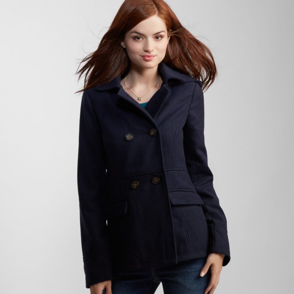 Aeropostale Womens Navy Red Lined Hooded Peacoat Pea Coat Winter Jacket Coat